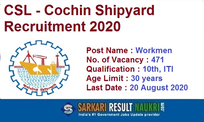 Cochin Shipyard Workmen Recruitment 2020