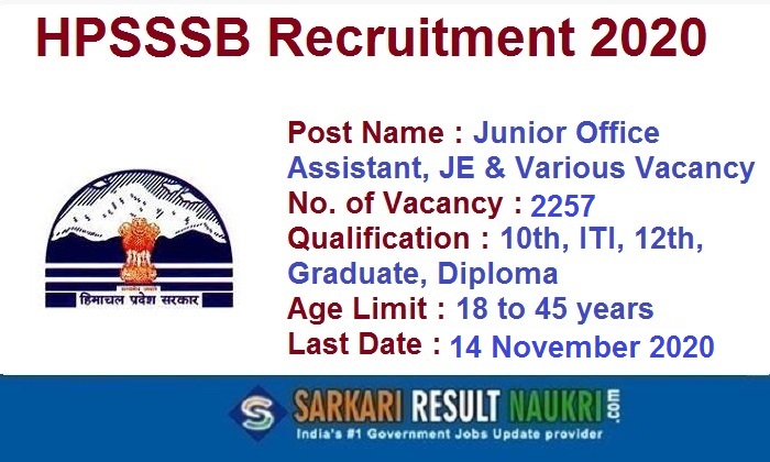 HPSSSB Junior Office Assistant Recruitment 2020